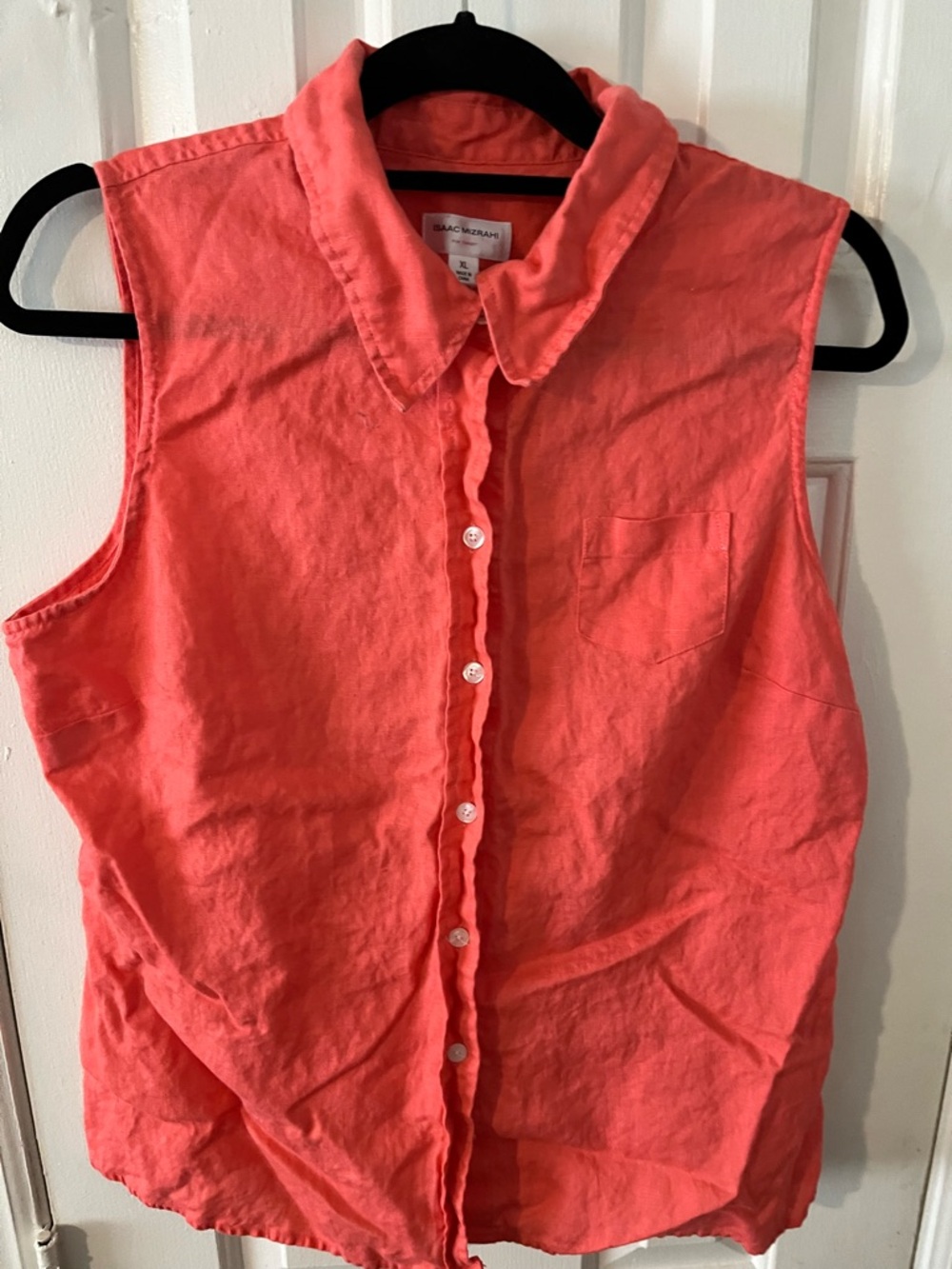 Isaac Mizrahi Bright Coral Button-Up Linen Top